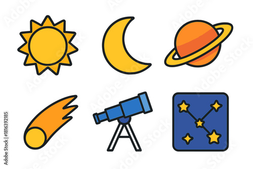 Astronomy and space symbols featuring sun, moon, planet, comet, telescope, and constellation