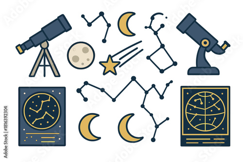 Astronomy and celestial navigation icons set with telescopes, moon, and star patterns