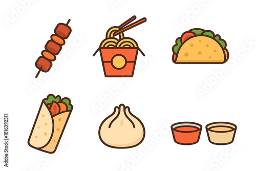 Popular international street food collection featuring kebab, noodles, taco, burrito, and dumpling icons