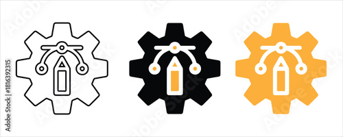 Graphic design and development settings icon set with gear and pen tool