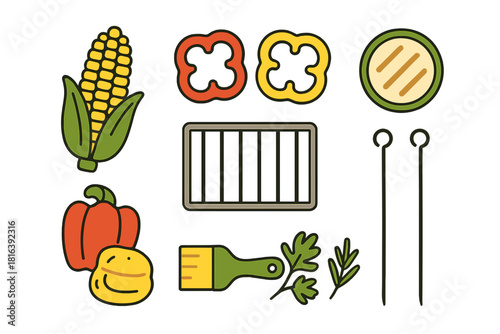 Fresh vegetables and cooking equipment for outdoor summer barbecue and grilling preparation