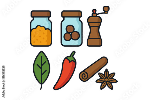 Set of kitchen spices and seasoning herbs with jars, chili, cinnamon, and pepper mill