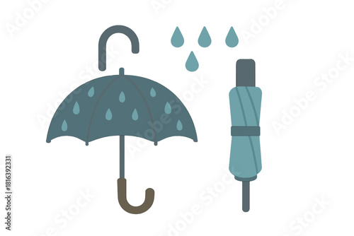 Open and folded rain umbrellas with falling water drops on a white background
