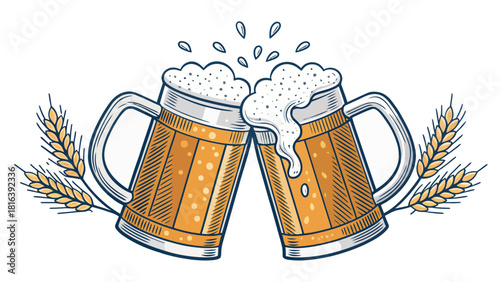 Craft beer cheers illustration featuring two frothy mugs clinking together for a festive celebration