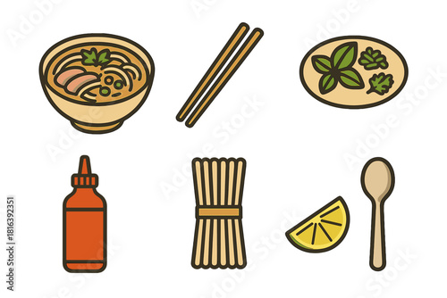 Traditional Vietnamese Pho soup ingredients and dining utensils collection