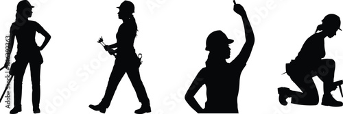 Professional female construction worker and tradeswoman silhouette set, featuring woman with tools, hard hat, kneeling, and working job action vector.