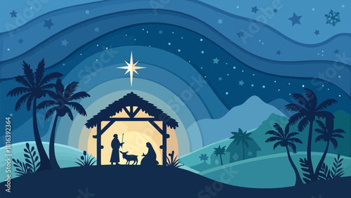 Peaceful Nativity scene under starry night, a beacon of hope and joy for Christmas season celebrations