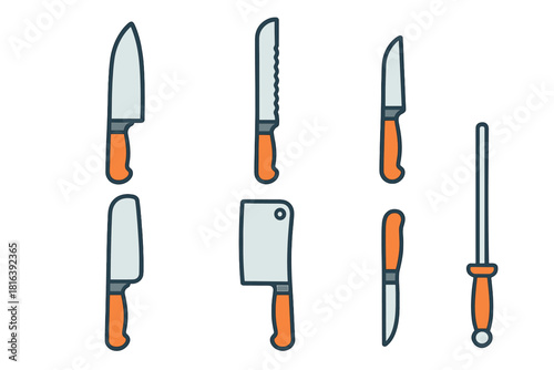 Collection of essential kitchen knives and tools like chef's knife cleaver and sharpening steel