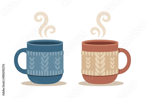 Pair of steaming coffee mugs wrapped in warm knitted sweater sleeves for winter comfort