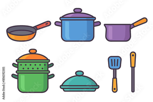 Assortment of essential cooking equipment and kitchen utensils in bright colors on white background
