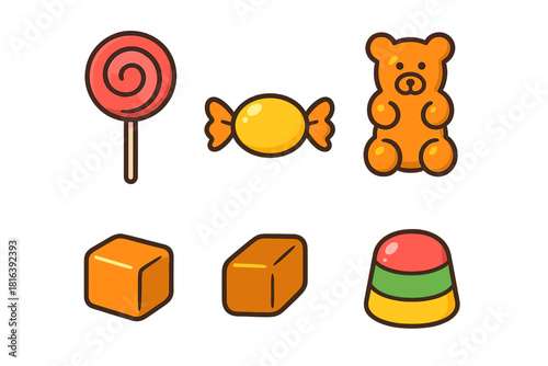 Colorful collection of sweet candies, lollipops, gummy bears, caramel, and wrapped bonbons
