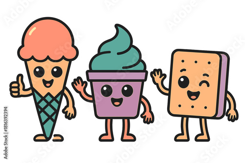 Cute cartoon dessert characters standing together including ice cream cone, frozen yogurt cup, and sandwich cookie
