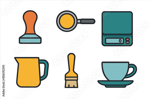 Essential tools for baristas including tamper scale milk pitcher and coffee cup
