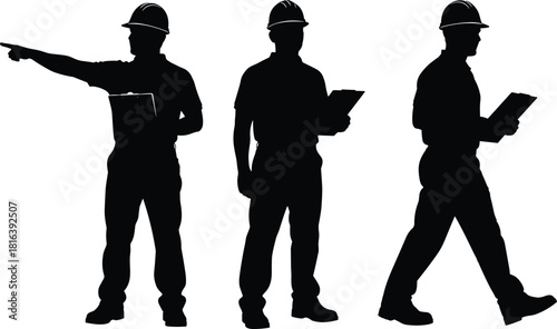 Professional site manager and construction supervisor silhouette set, engineer with hard hat, clipboard, pointing, and walking vector graphics for project management.