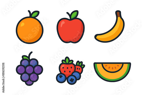 Colorful set of six fresh fruits: orange, apple, banana, grapes, berries, and melon slice