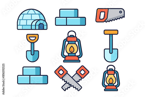 Winter survival and building tools collection including igloo, snow blocks, shovels, hand saws, and kerosene lanterns