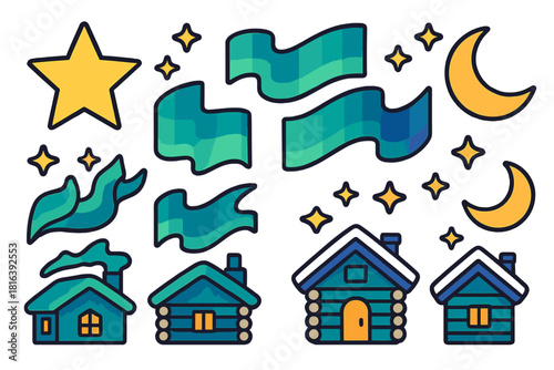 Northern Lights over cozy log cabins under a starry winter night sky with crescent moon