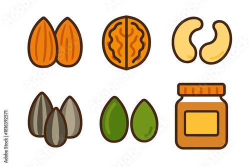 Collection of healthy nuts and seeds: almond, walnut, cashew, sunflower, pumpkin, and peanut butter jar