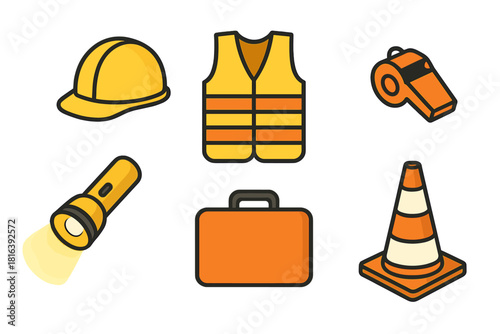 Set of essential safety gear and construction items including hard hat, vest, and traffic cone