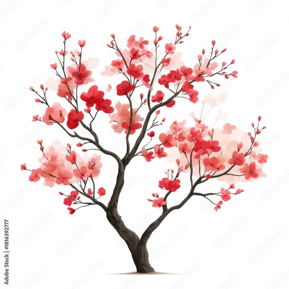 Fototapeta premium A delicate cherry blossom tree with vibrant red and pink flowers blooming on dark brown branches against a white background.