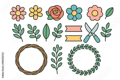 Colorful spring flower elements, green foliage, gardening shears, and decorative wreaths