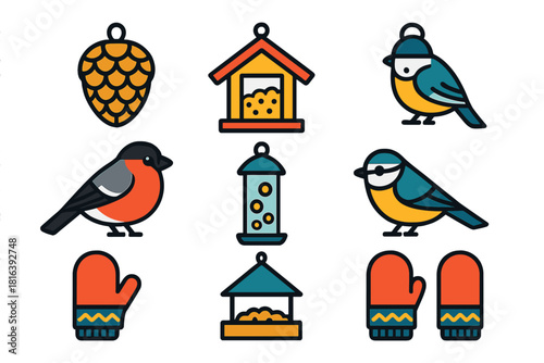 Winter items set featuring various wild birds, bird feeders, pine cones, and cozy mittens