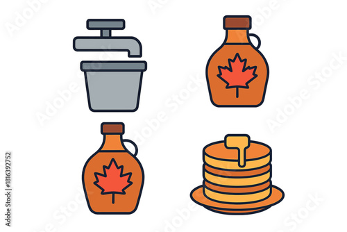 Maple syrup collection bucket, bottles, and stack of pancakes with butter