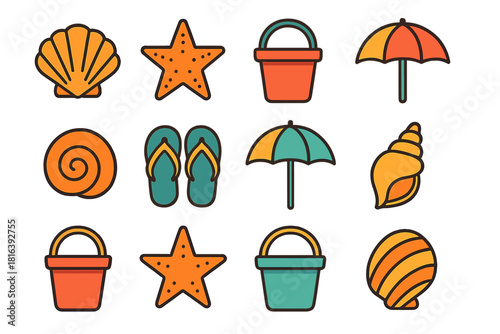 Colorful collection of summer beach objects including seashells, starfish, buckets, flip flops, and umbrellas