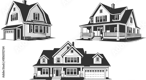 Detailed house illustration set, suburban residential home designs with porches and garages, architectural exterior drawings, classic black and white vector art
