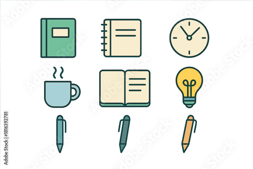 Set of essential supplies for office work, studying, and creative thinking