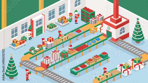 Whimsical Christmas gift factory scene with elves wrapping presents on conveyor belts, holiday cheer