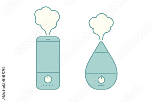 Modern home humidifiers releasing steam and mist for air purification and moisture