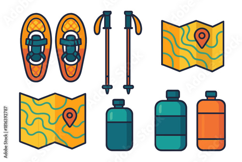Essential winter hiking and trekking equipment set including snowshoes, poles, map, and bottle