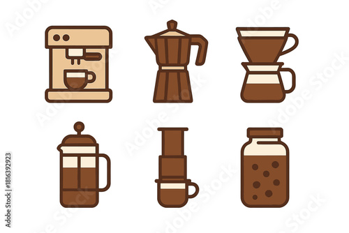 Set of coffee preparation equipment icons including espresso machine moka pot French press and cold brew jar