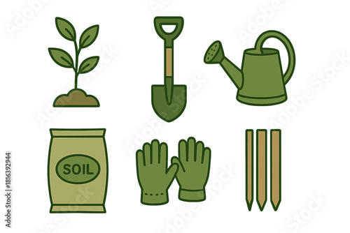 Set of essential gardening tools and supplies including shovel, watering can, soil, and gloves