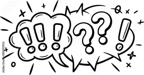 Doodle speech bubble illustration, hand-drawn exclamation and question marks with comic bursts and symbols, expressive black and white vector art