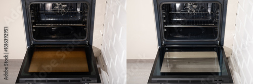 The oven inside the house before and after cleaning with a liquid that removes grease and burns.