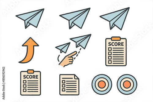 Business success icons set with paper airplanes, scorecards, targets, and upward progress arrows