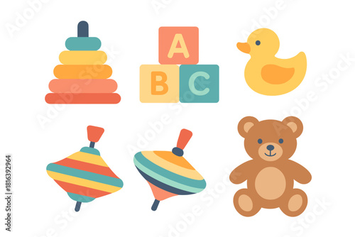 Colorful collection of classic baby and toddler toys: stacking rings, ABC blocks, rubber duck, spinning tops, and teddy bear