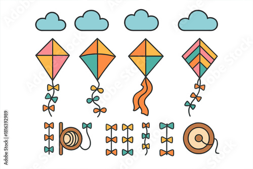 Collection of colorful flying kites with clouds and string spool for outdoor fun