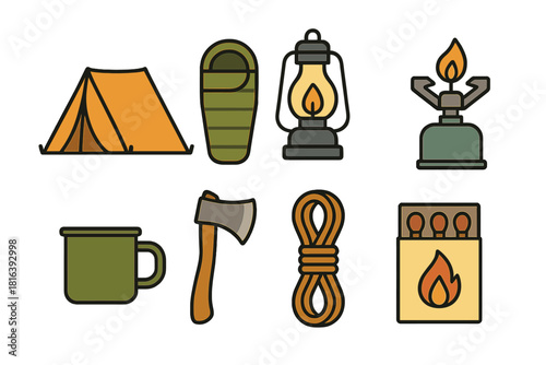 Essential camping equipment icons set for outdoor recreation and survival activities