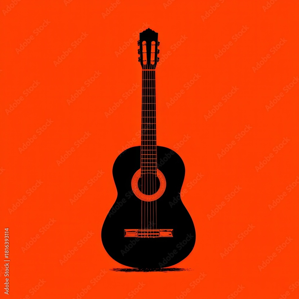 Obraz premium Silhouette of a black acoustic guitar centered on a bright orange background with a subtle distressed texture.