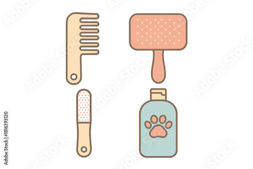 Essential pet grooming tools set with comb brush nail file and shampoo in pastel colors