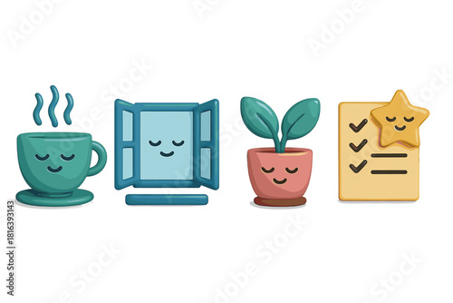 Cute morning routine elements including steaming cup, open window, potted plant, and completed checklist