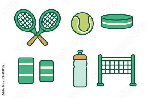 Essential tennis equipment set including rackets ball net water bottle and wristbands