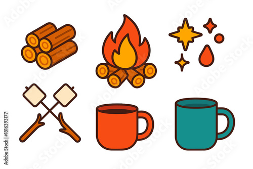 Outdoor camping and bonfire essentials set with firewood, flame, mugs, and marshmallows