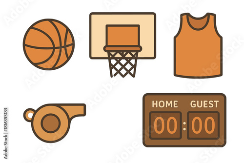 Collection of essential basketball sports equipment including ball net uniform whistle and timer