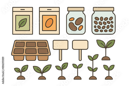 Essential gardening and planting elements including seeds, sprouts, seedling tray, and markers for growth