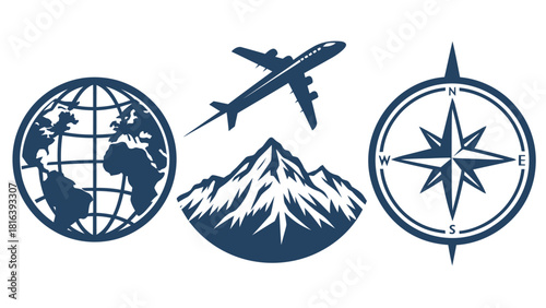 Explore the world with airplane, mountain, globe and compass for adventure seekers and travel enthusiasts