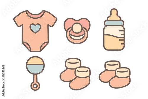 Set of essential newborn items including clothing, feeding, and toys rendered in pastel colors
